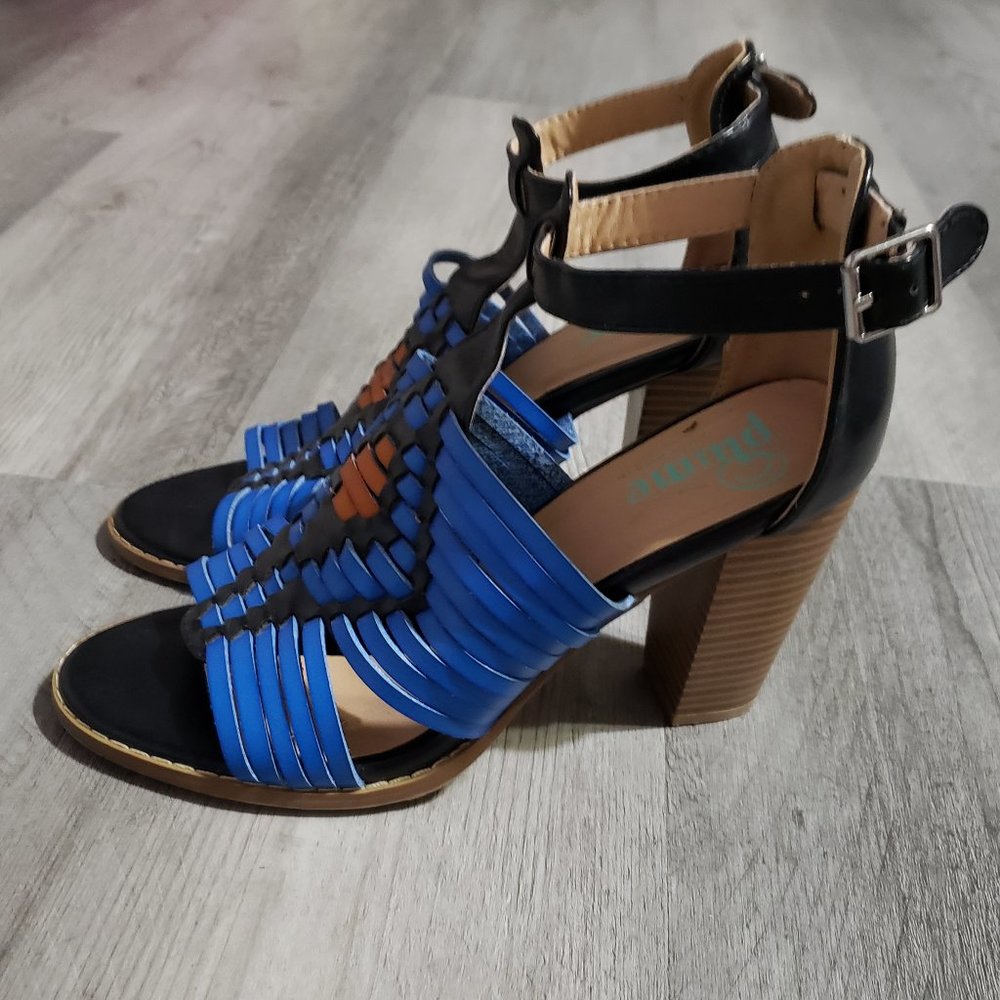 Plume by FarylRobin open toe boho southwest vegan leather heeled sandal, sz 8.5